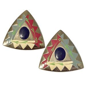 Vintage Southwestern Enamel Earrings Aqua Silver Tone Post Boho Western Triangle